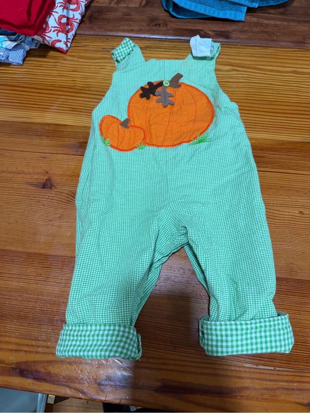 Kelly's Kids Green Gingham Overalls with Orange Pumpkin Applique rever. Christma